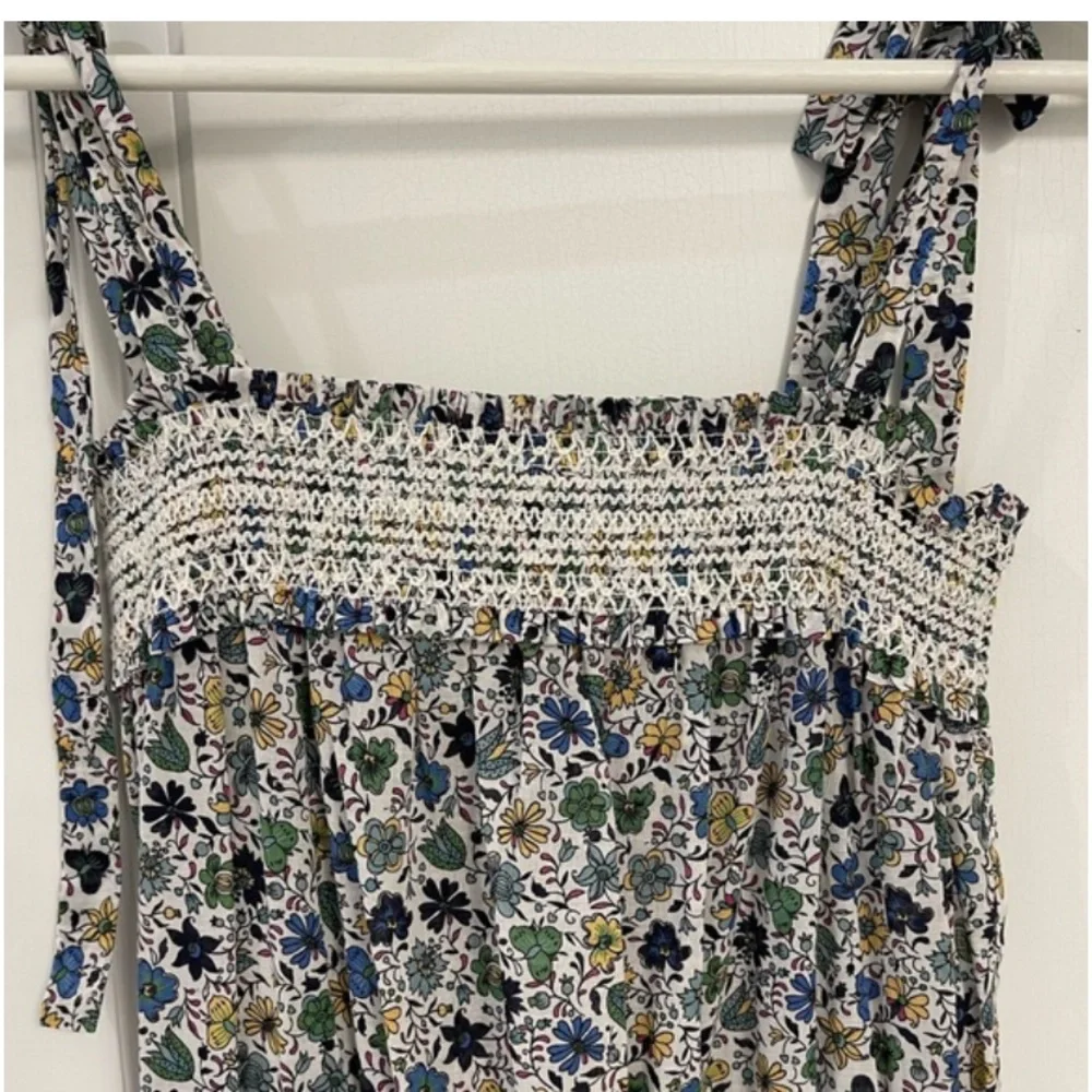 New Tory Burch Smocked Blue Floral Tie Shoulder Maxi Resort Beach Sun Dress M